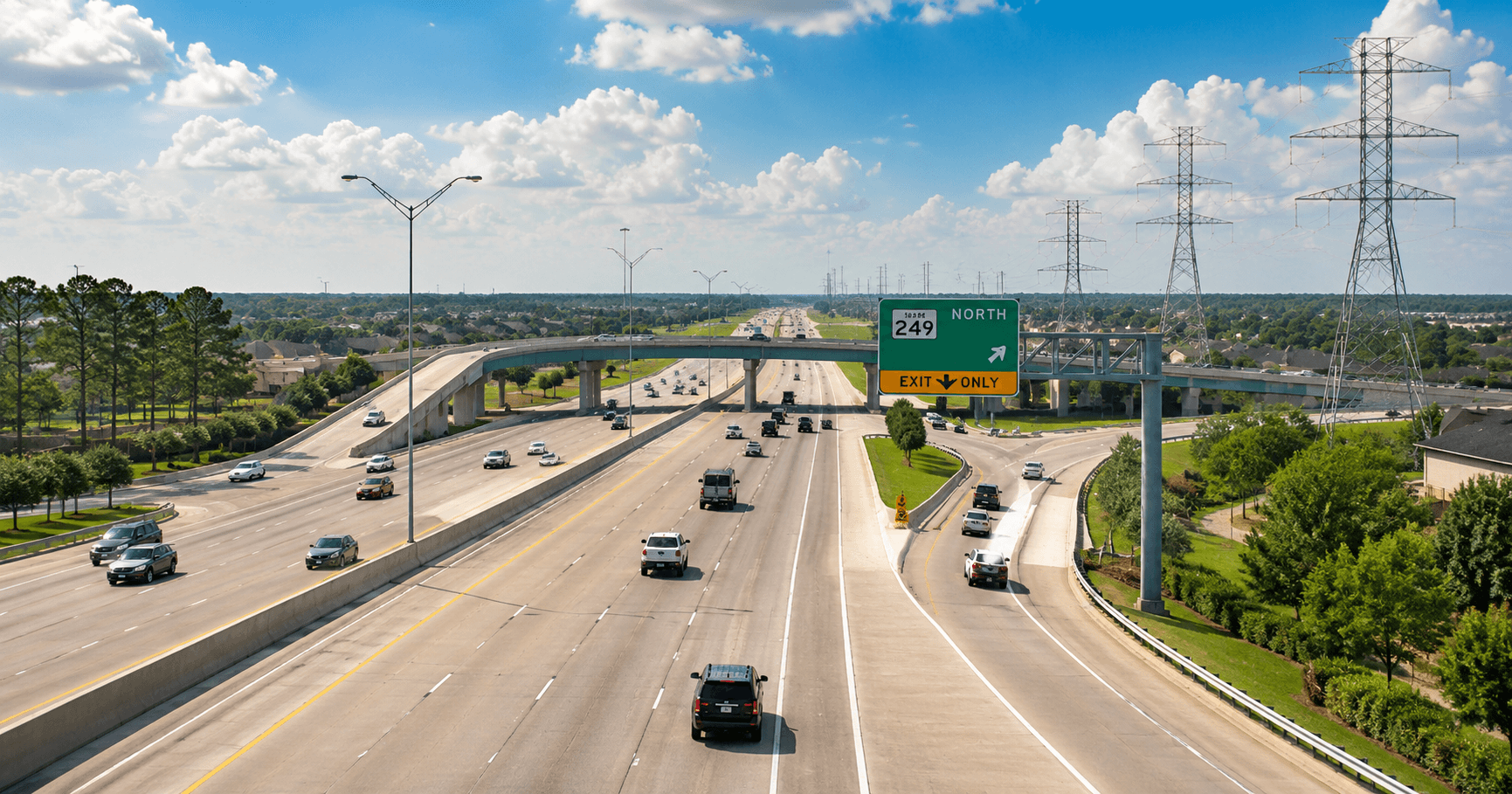 Texas State Highway 249 Aggie Expressway heading north through North Houston — best new construction communities for 249 corridor commuters 2026