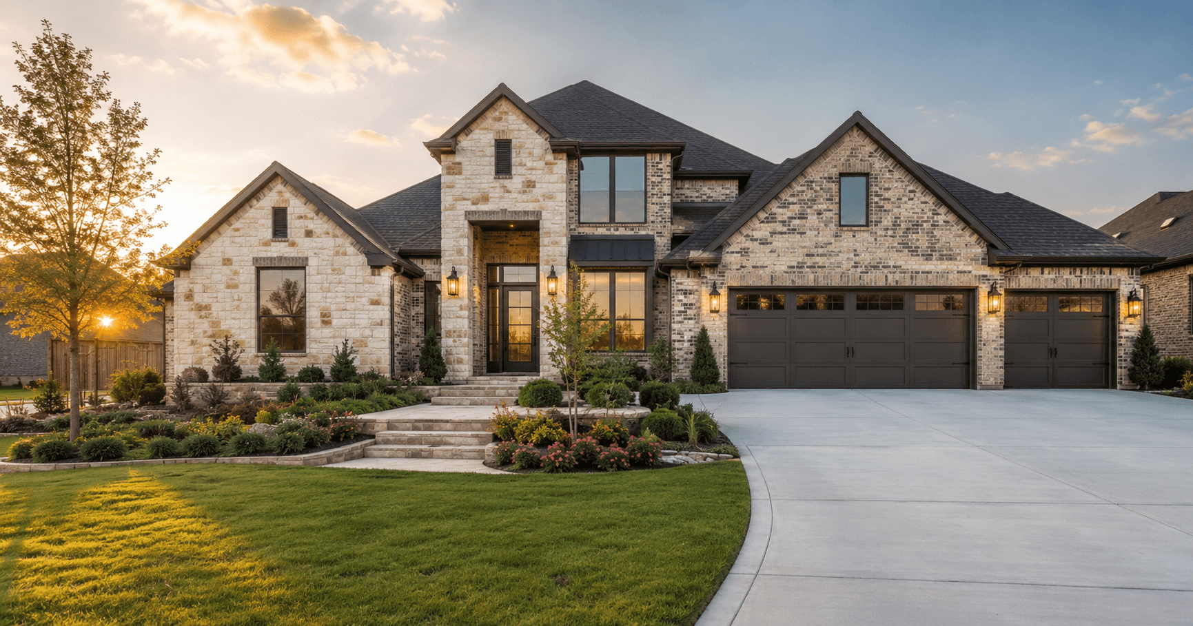Upscale new construction home on wide lot in Montgomery Texas at golden hour