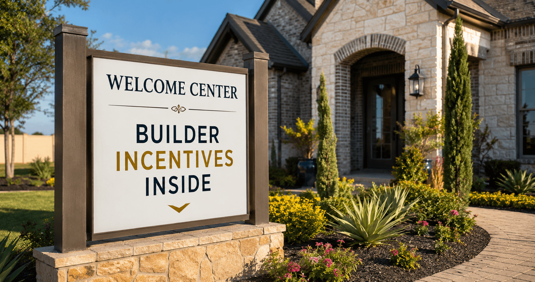 Builder welcome center sign advertising incentives in Magnolia Texas