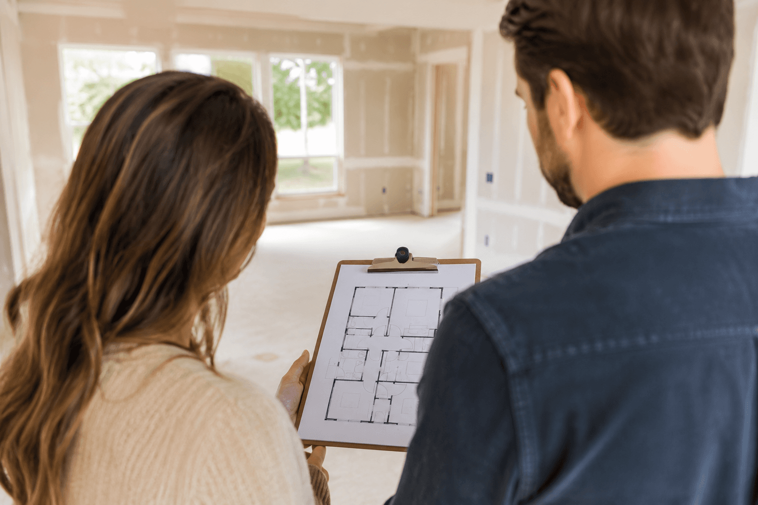 A couple reviewing a floor plan together inside an unfinished new construction home