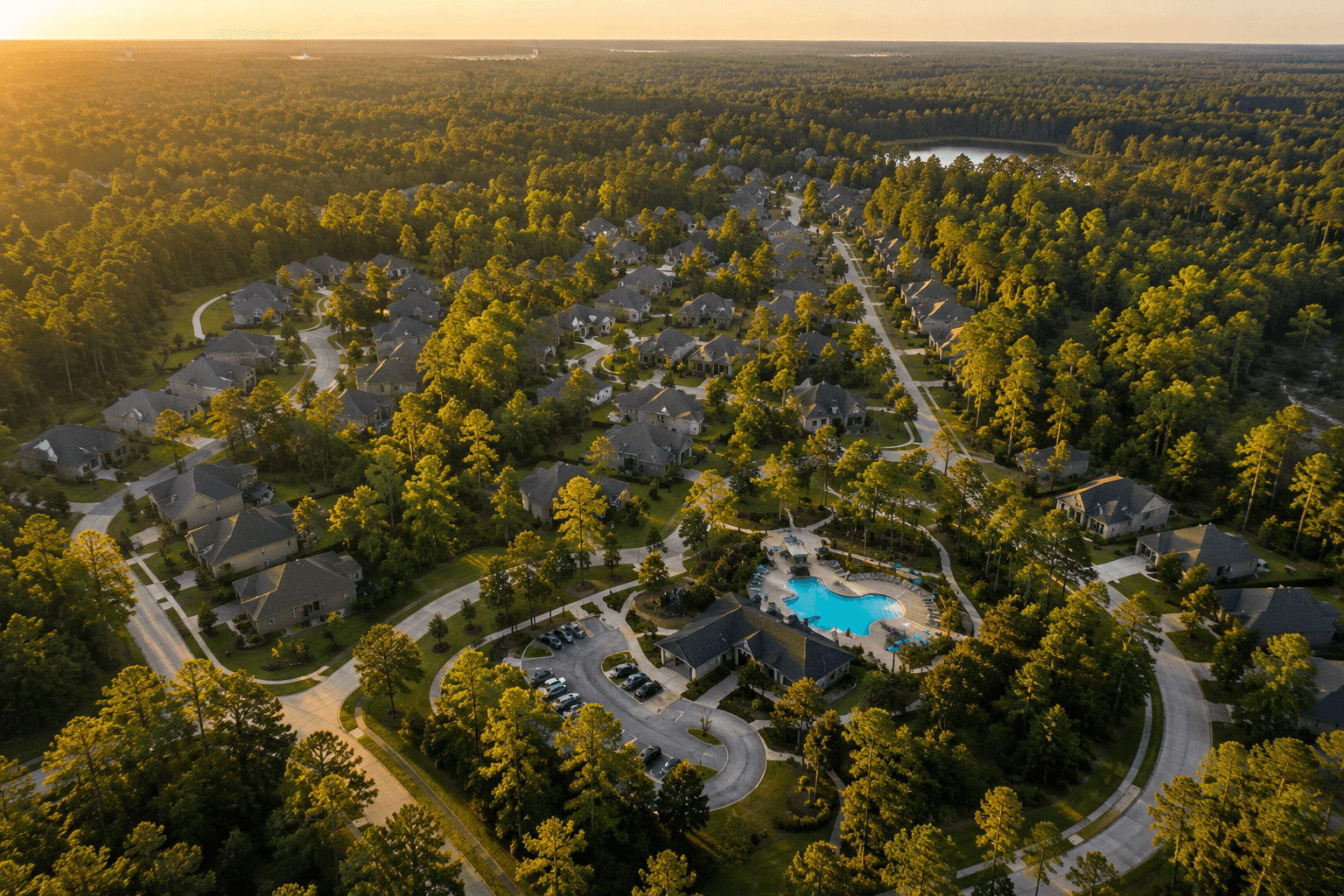 Aerial view of Evergreen community in Conroe Texas surrounded by dense pine forest with resort pool at golden hour