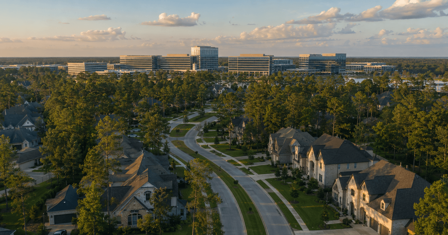 Aerial view of new construction homes near the ExxonMobil campus in Spring TX - master-planned communities close to ExxonMobil North Houston at golden hour