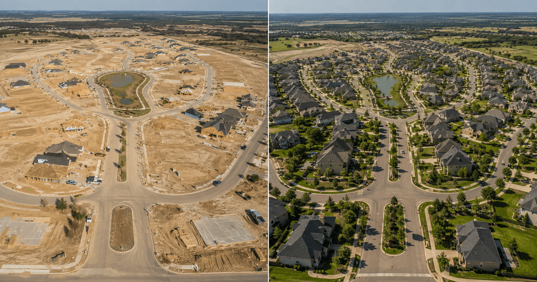 Split aerial view showing new construction community under development on left and completed neighborhood on right