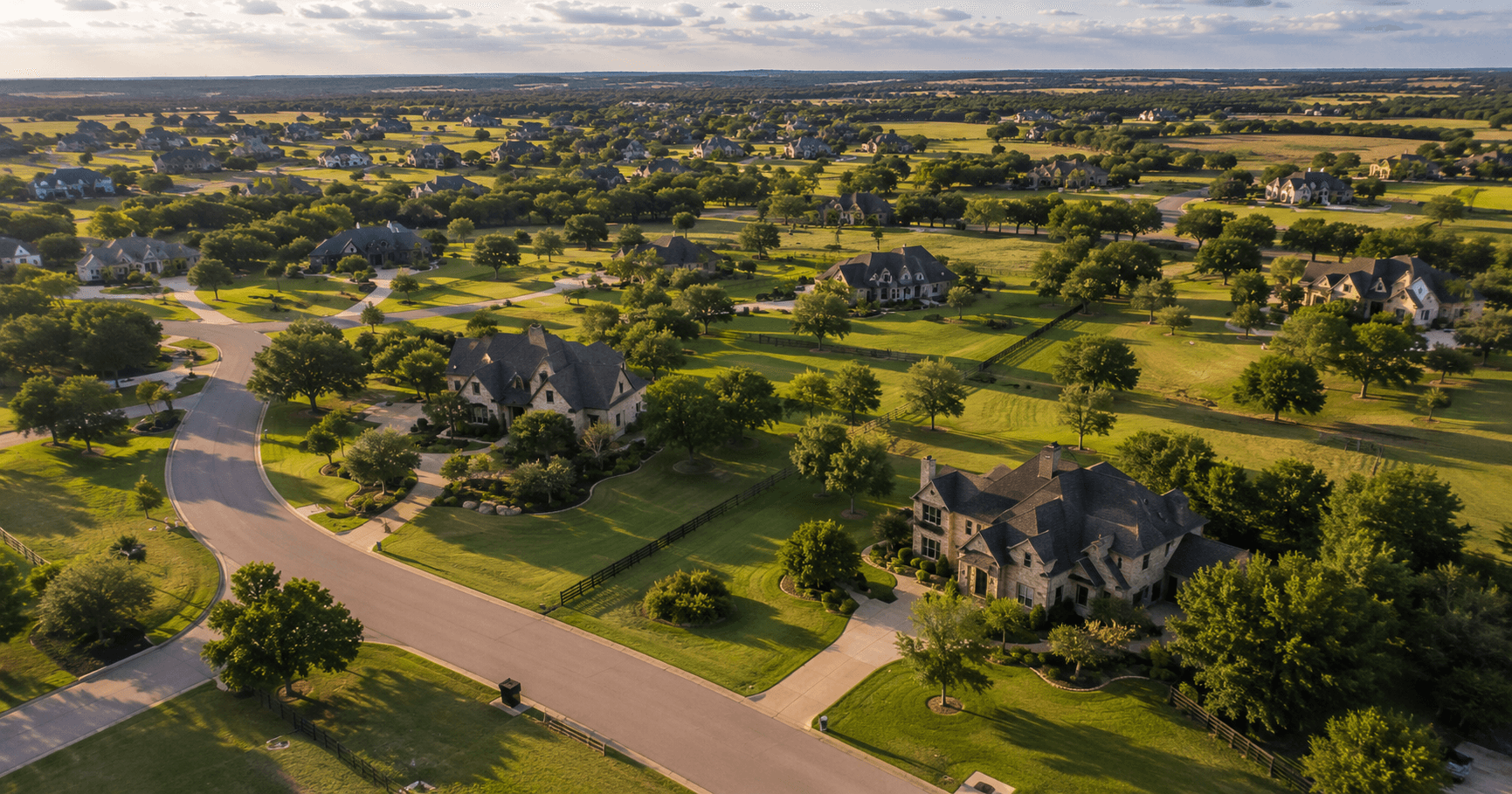 Aerial view of spacious Texas homes on large lots near The Woodlands