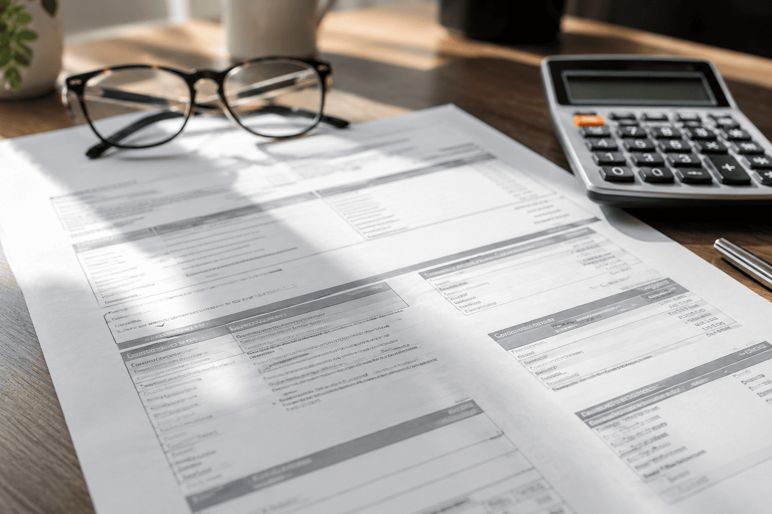 Property tax statement with calculator and glasses on a desk