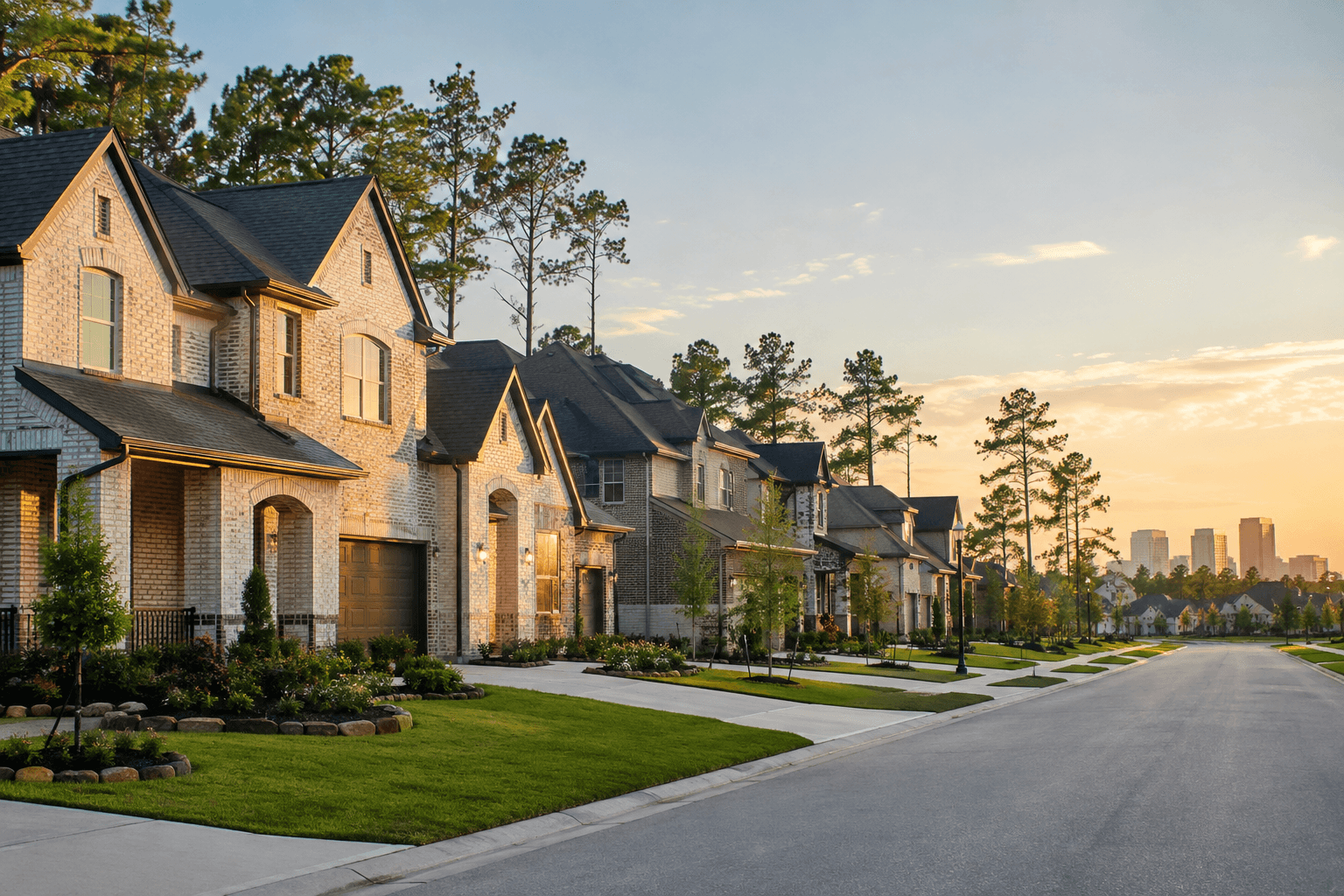 New construction homes in a community near The Woodlands, Texas at golden hour
