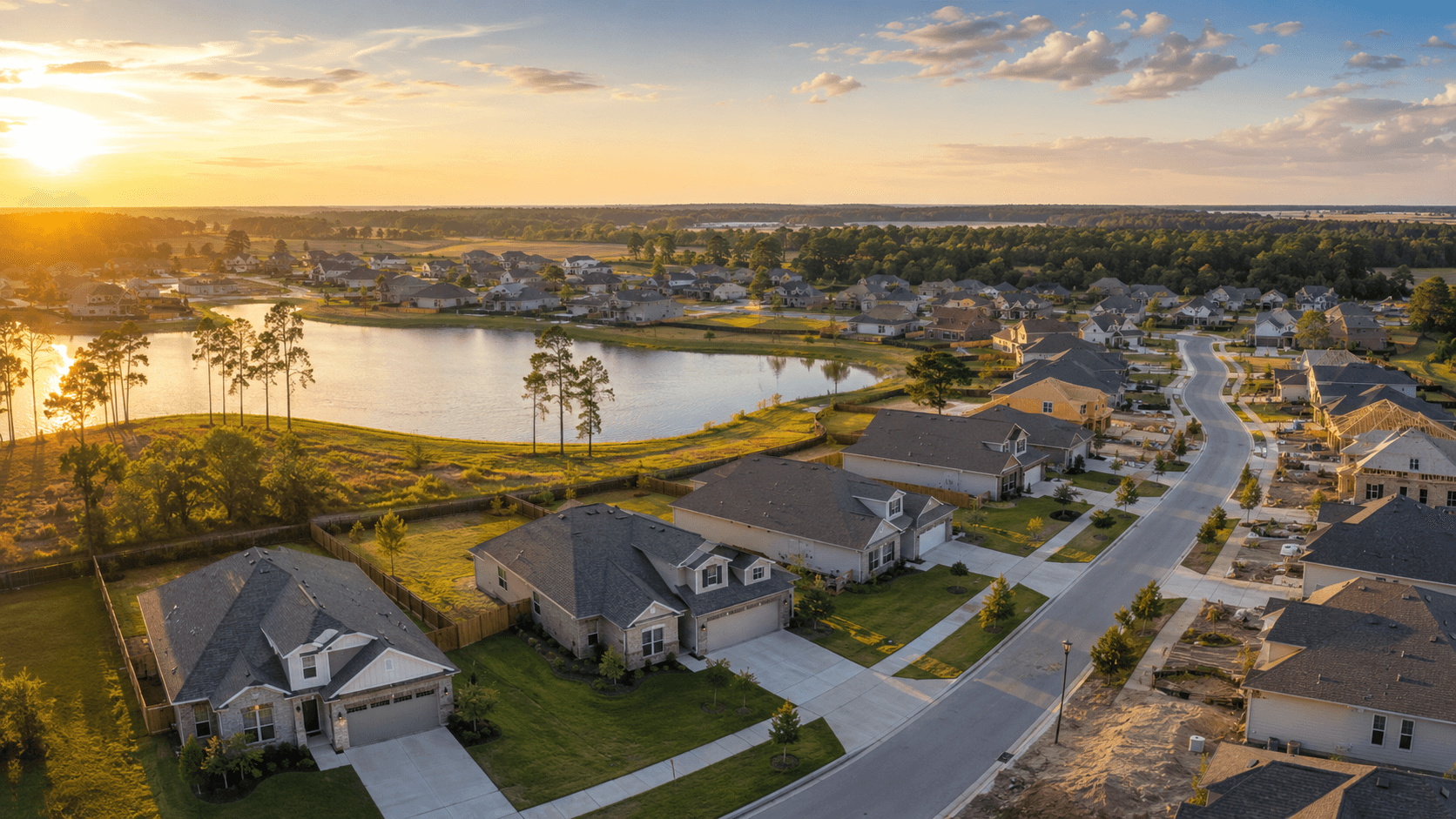 Aerial view of an affordable new construction neighborhood near Lake Conroe with homes under $300K and a lake in the background