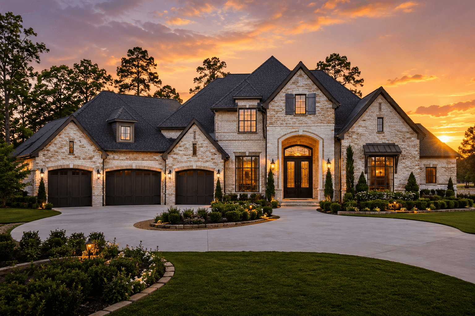 Luxury new construction home with three-car garage and stone facade at sunset in Texas