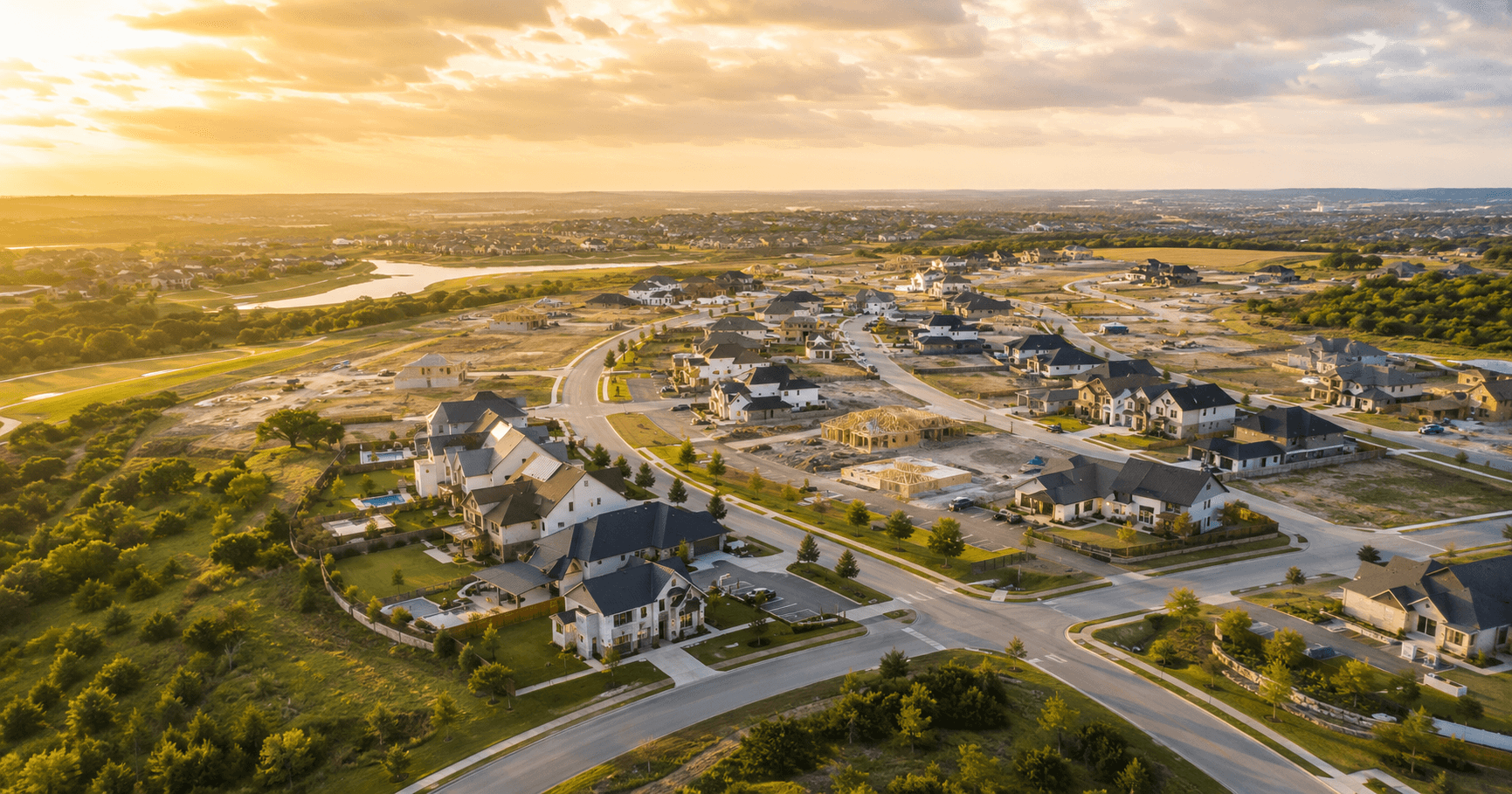 Aerial view of Two Step Farm master-planned community in Montgomery TX at sunset