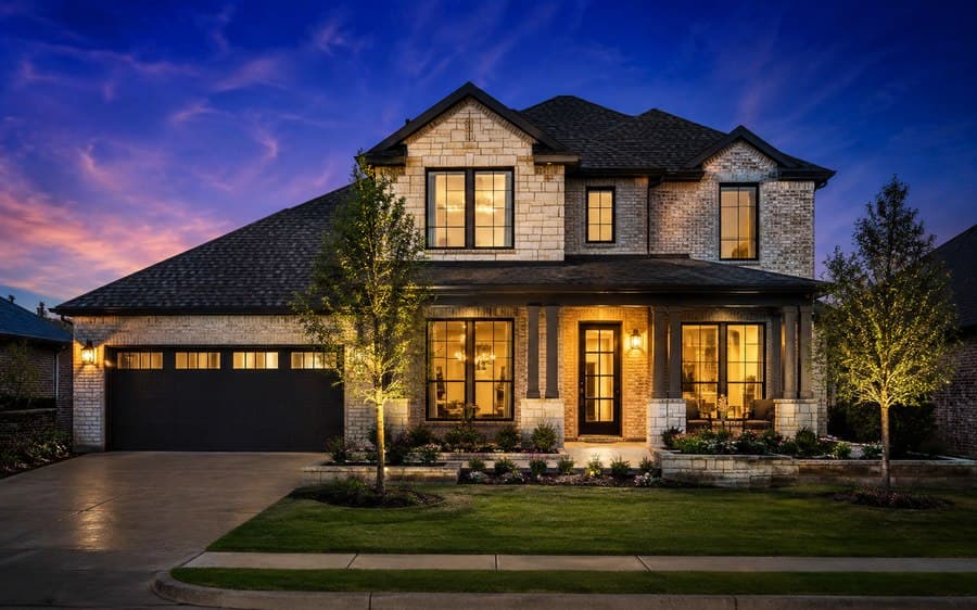 Example new-construction home exterior at dusk