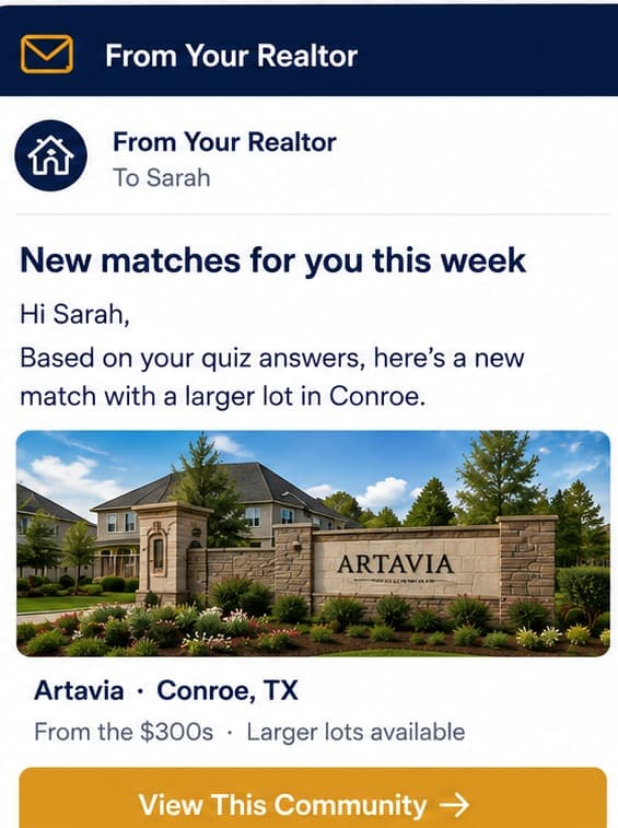 Weekly follow-up email matched to the buyer's quiz answers