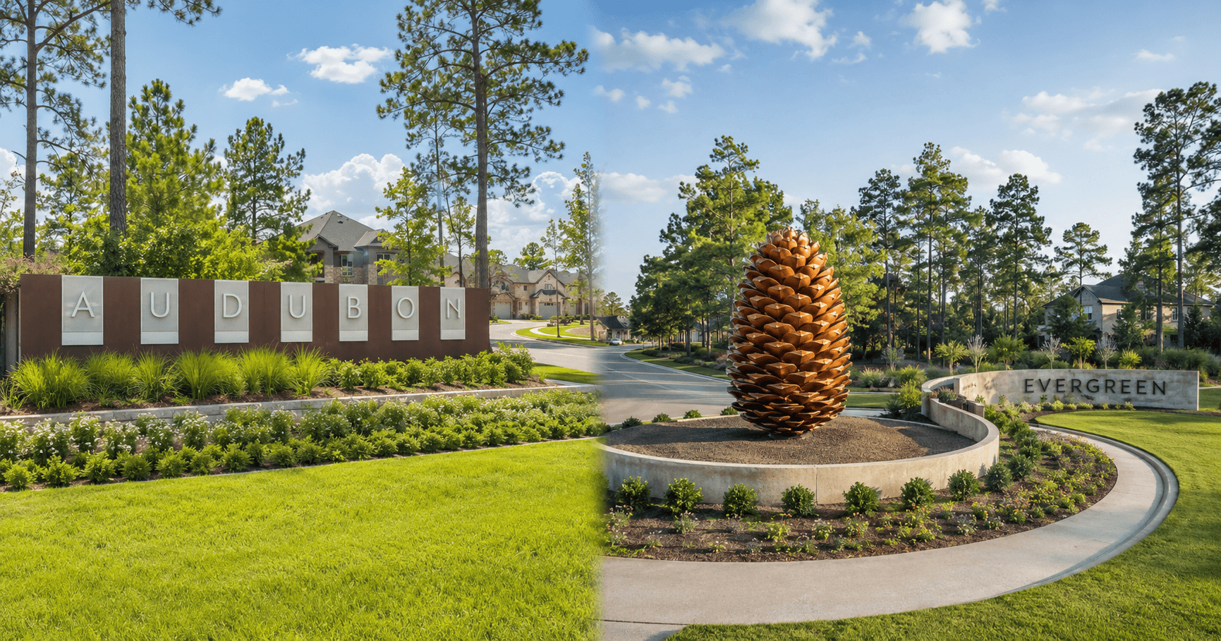 Audubon community entrance sign in Magnolia TX next to Evergreen community entrance in Conroe TX - side by side comparison 2026