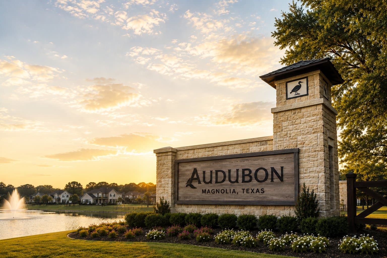 Audubon community entrance sign in Magnolia TX at sunset — is Audubon worth it 2026 review
