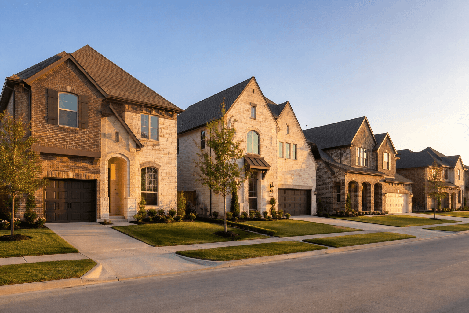 New construction homes by different builders side by side in a North Houston neighborhood at golden hour