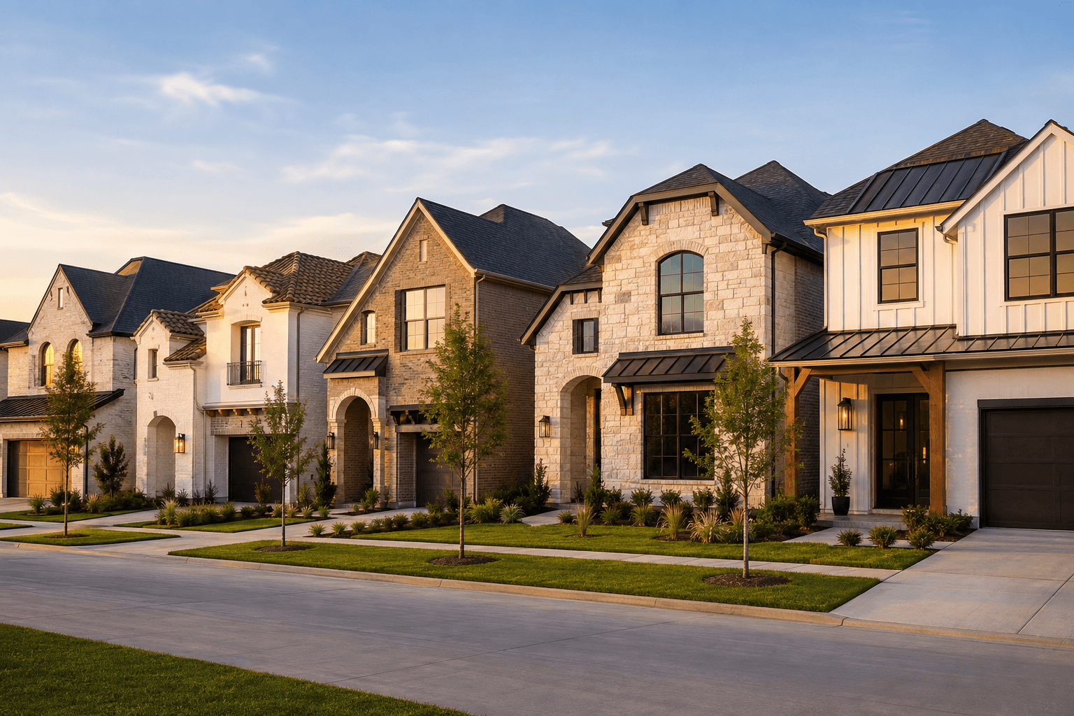 A row of new construction homes with varied architectural styles from different builders