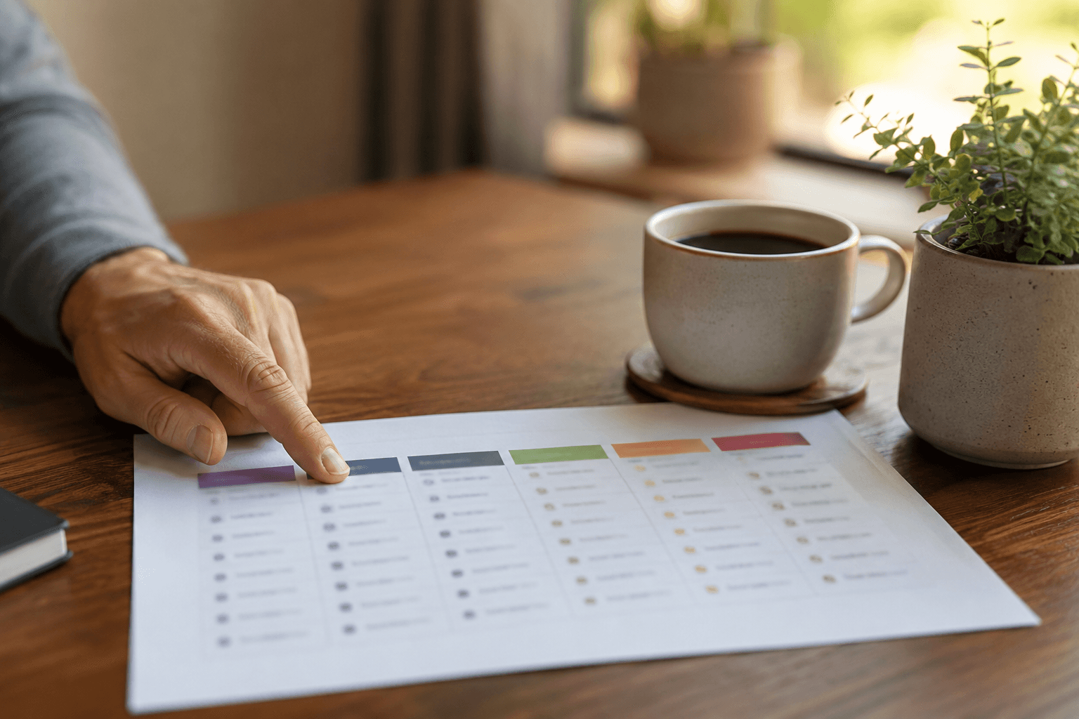 A hand pointing at a printed comparison checklist on a desk