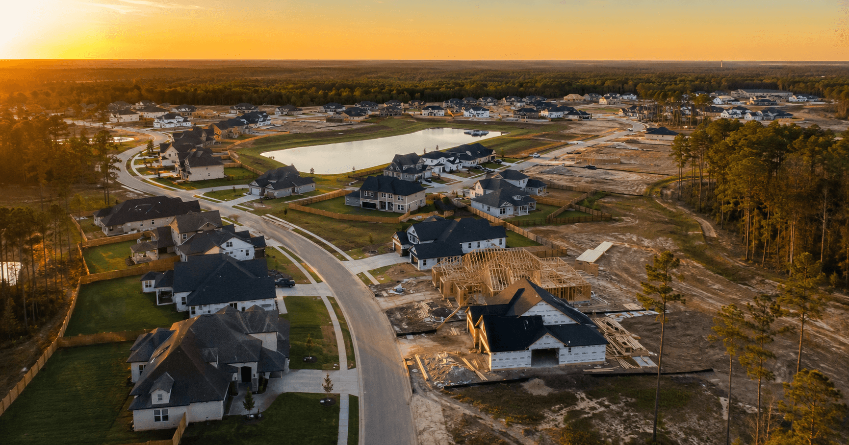 Aerial view of a new construction neighborhood in Magnolia TX at sunrise showing homes at different stages of completion