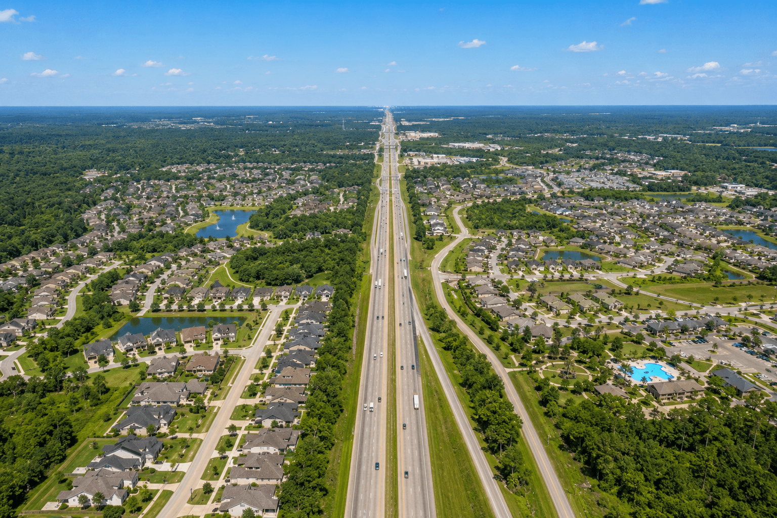 Aerial view looking north along I-45 in Texas with master-planned communities on both sides of the highway