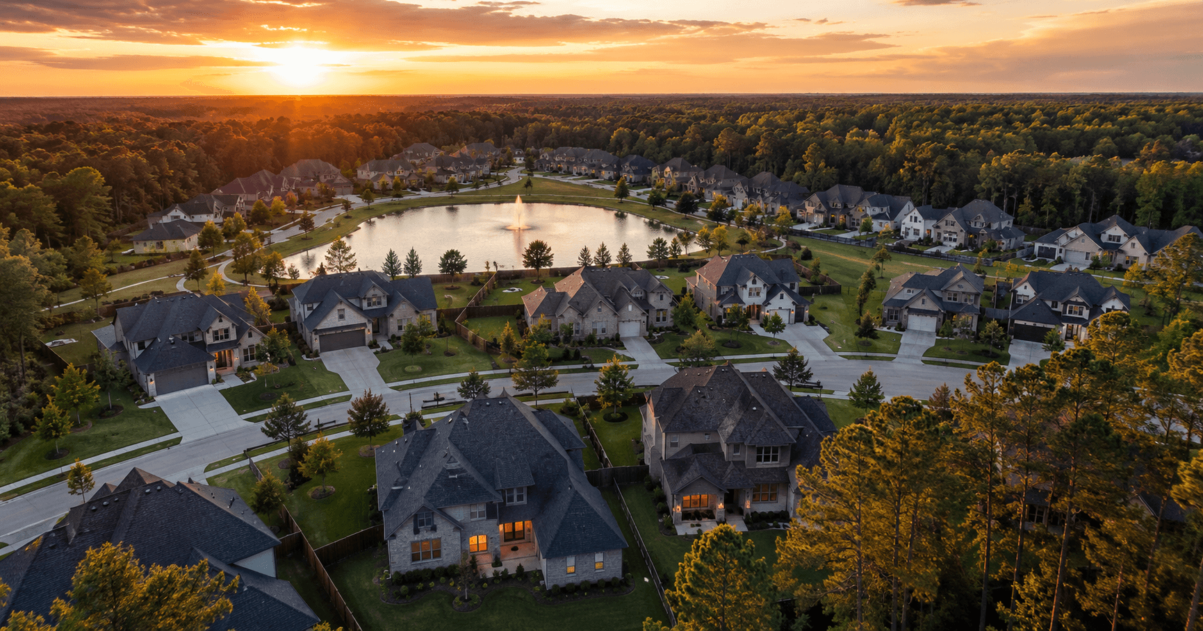 Aerial view of a finished new construction neighborhood near The Woodlands TX at golden hour with lit homes and a pond