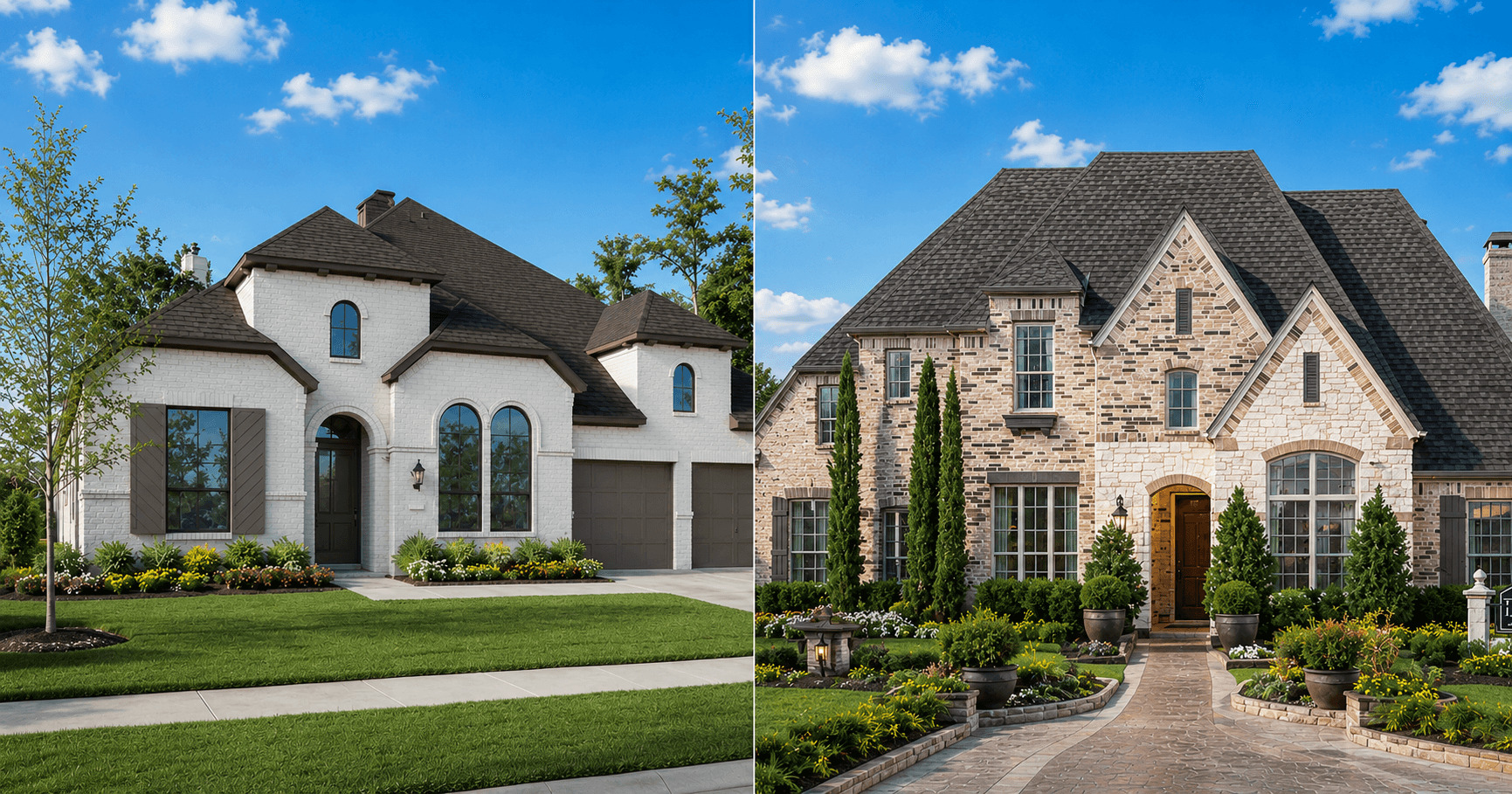 Perry Homes vs Highland Homes new construction model homes in North Houston Texas — side by side exterior comparison 2026