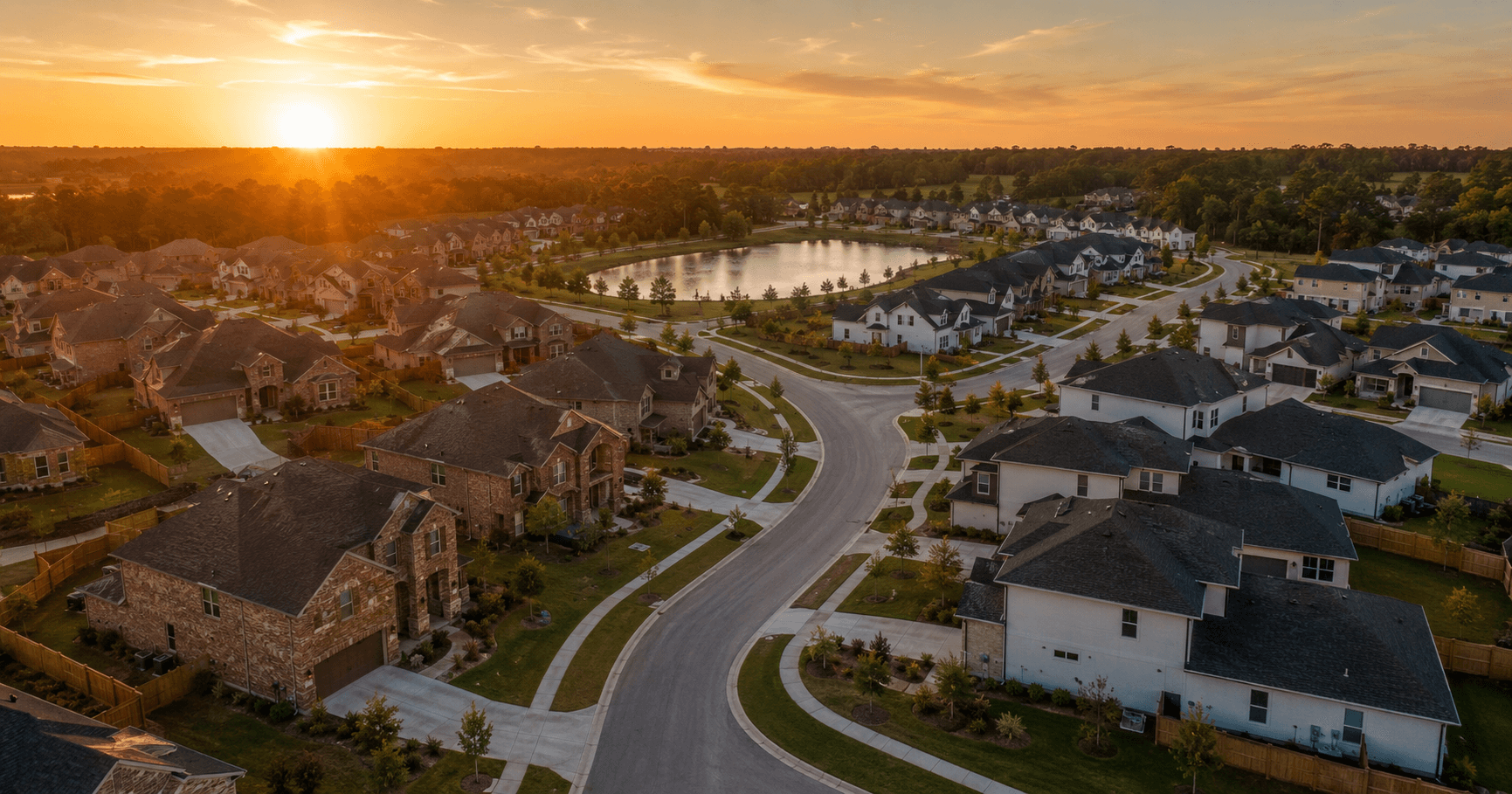 Aerial view of a new construction neighborhood in Montgomery County TX at sunrise showing two distinct architectural styles from different builders