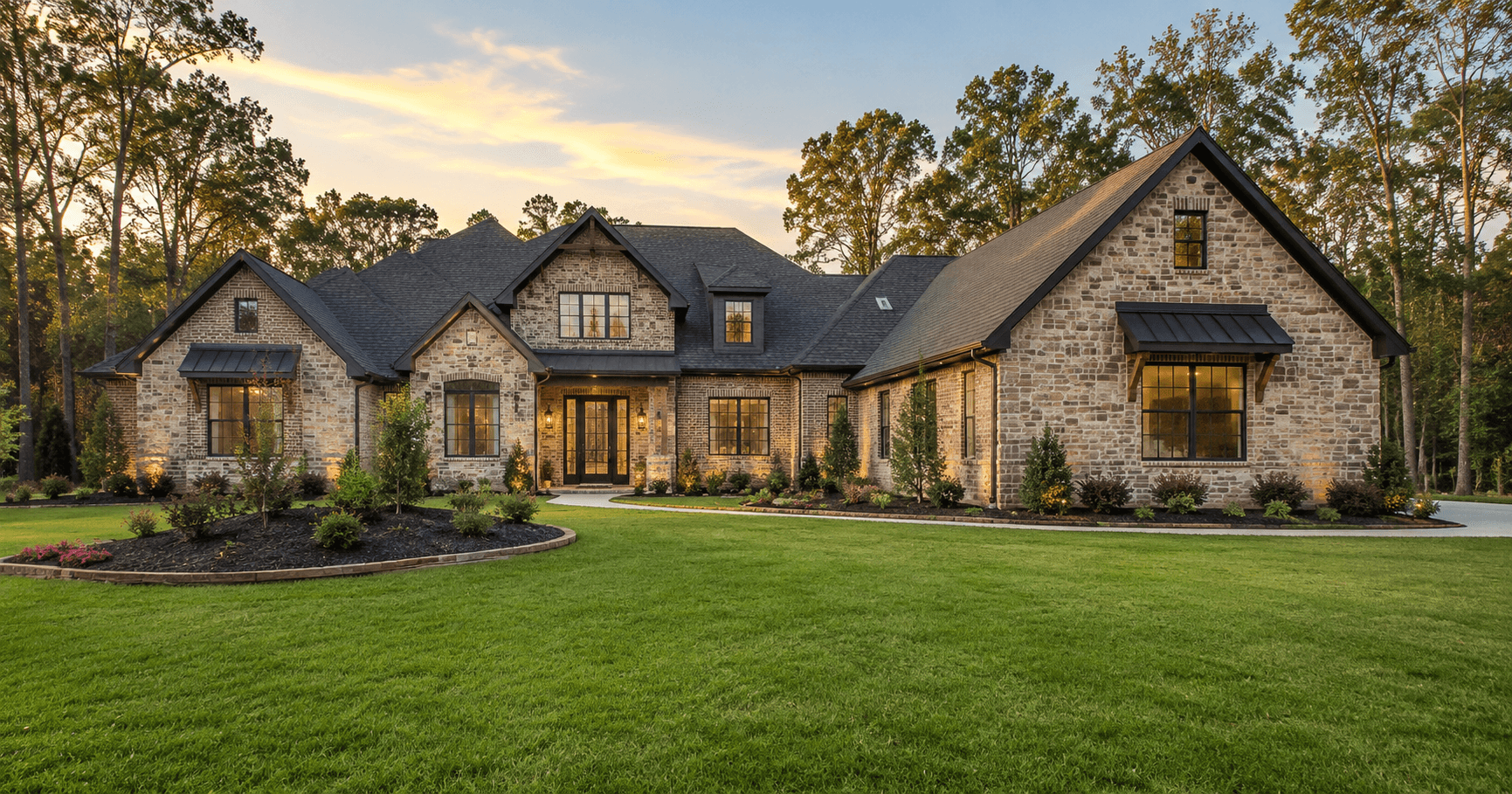 New construction home in wooded Magnolia Texas setting at dusk
