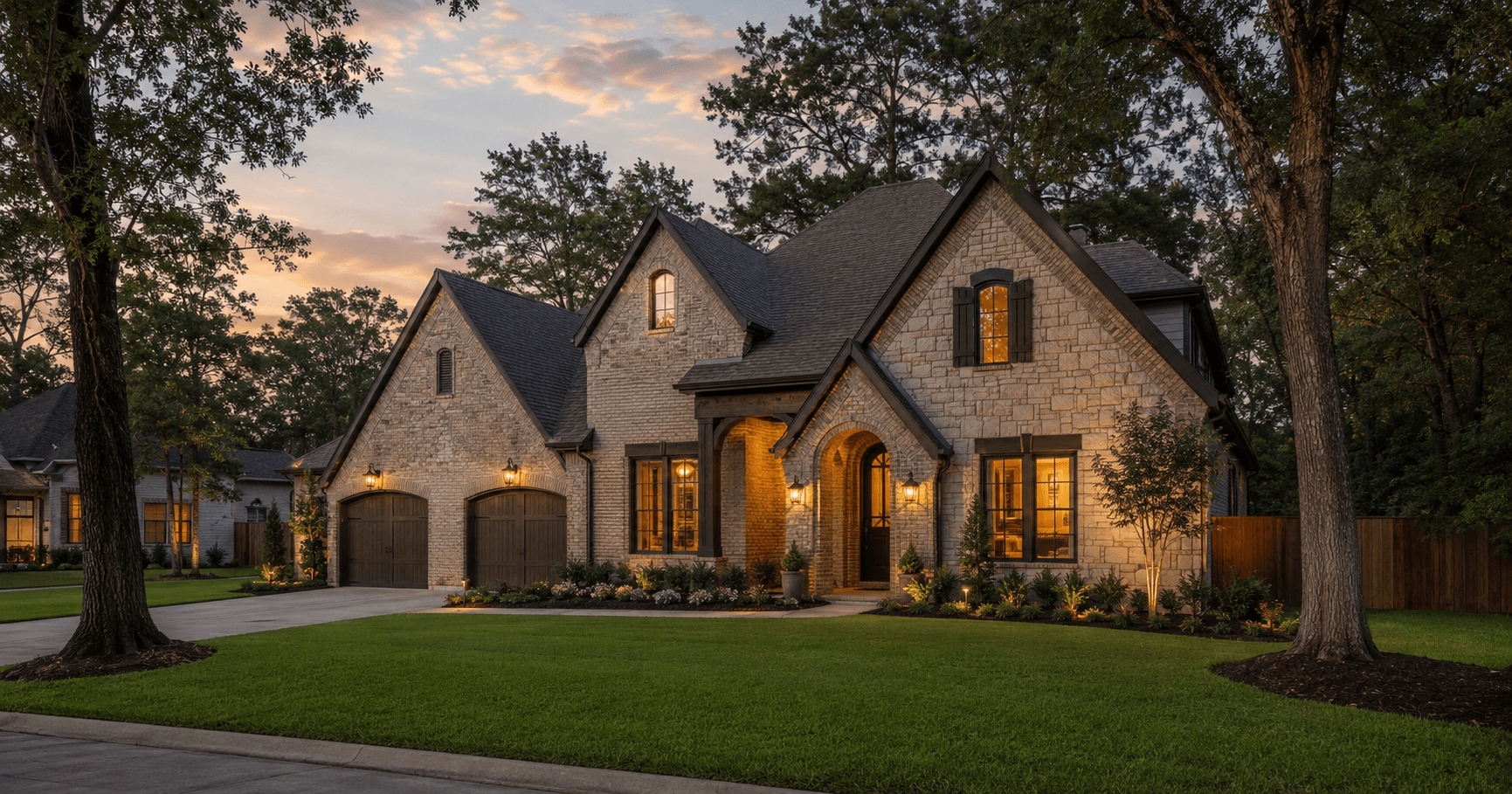 Premium new construction home at dusk in Woodhavyn Magnolia Texas with stone facade and mature trees